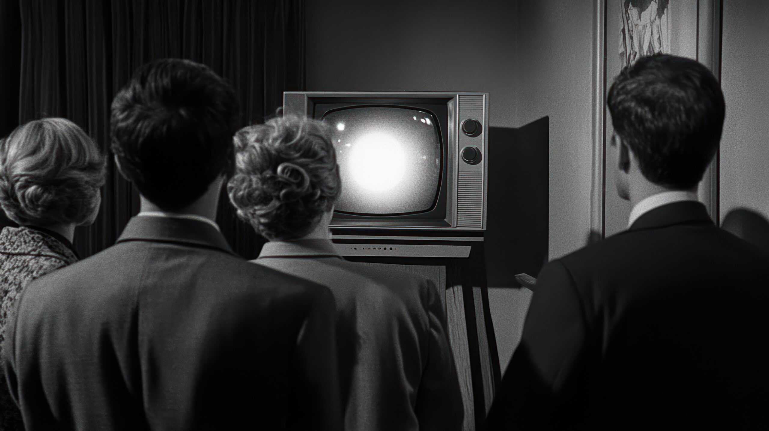 Four people watch a television screen in black and white.
