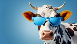 Cow with sunglasses posing in front of a blue studio background.