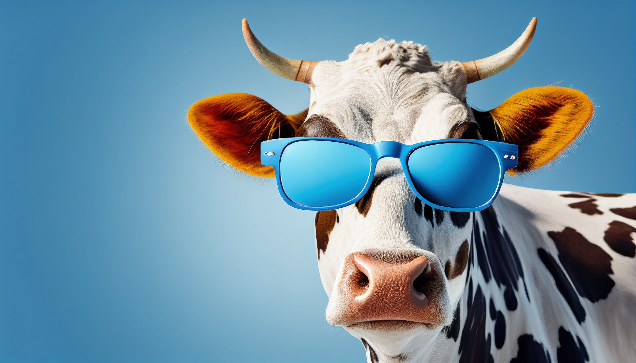 Cow with sunglasses posing in front of a blue studio background.