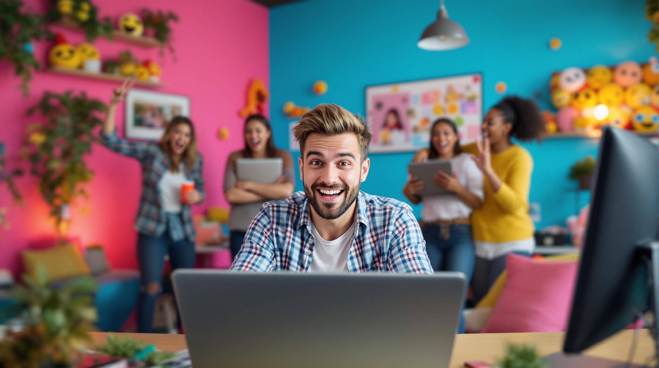 happy guy looking at computer
